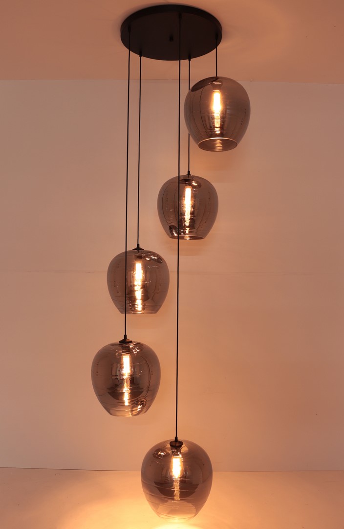 Videlamp / hanglamp 5 rookglas hangers 380cm 50020 Videlamp / hanglamp 5 rookglas hangers 380cm 50020