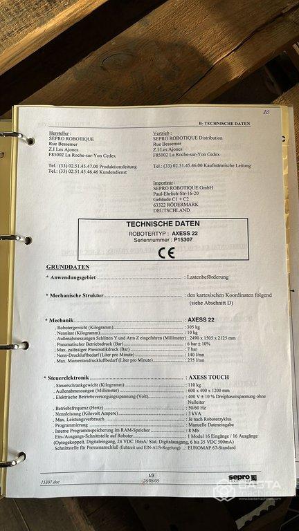 2008 SEPRO SR AXESS 22 S3 Lineární robot, X 1500 mm, Y 650 mm, Z 1200 mm