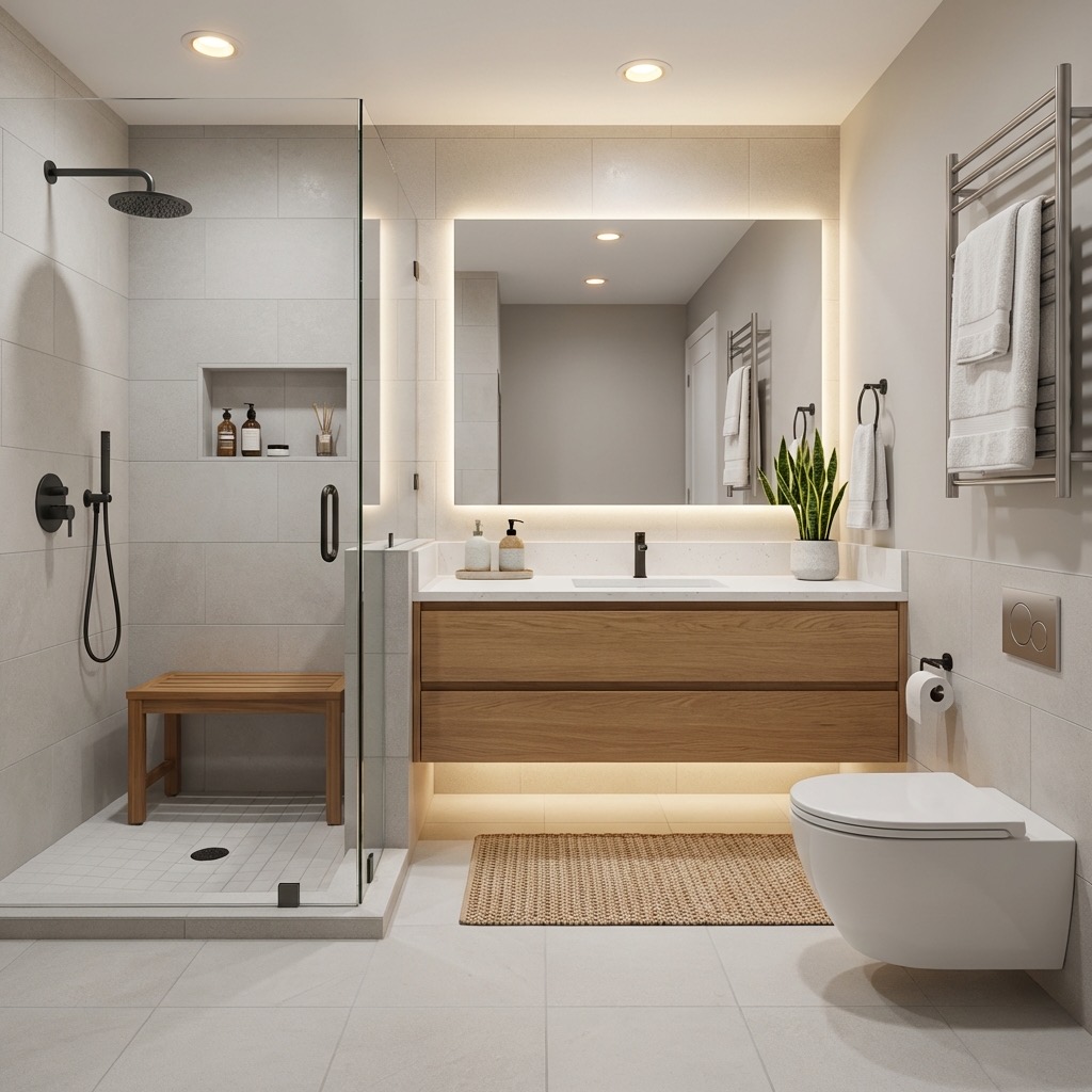 Contemporary bathroom renovation with glass shower enclosure - AI design