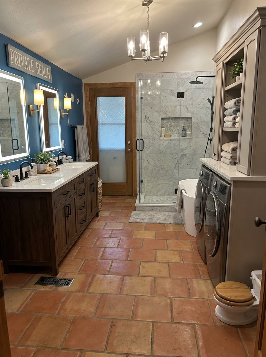 Open-concept bathroom transformation with double vanity - AI design tool