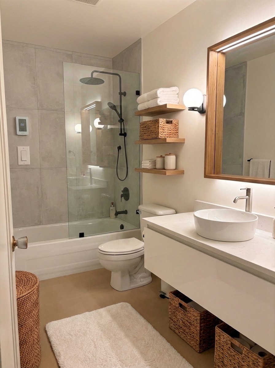 Transitional bathroom renovation with shaker cabinets and quartz counters