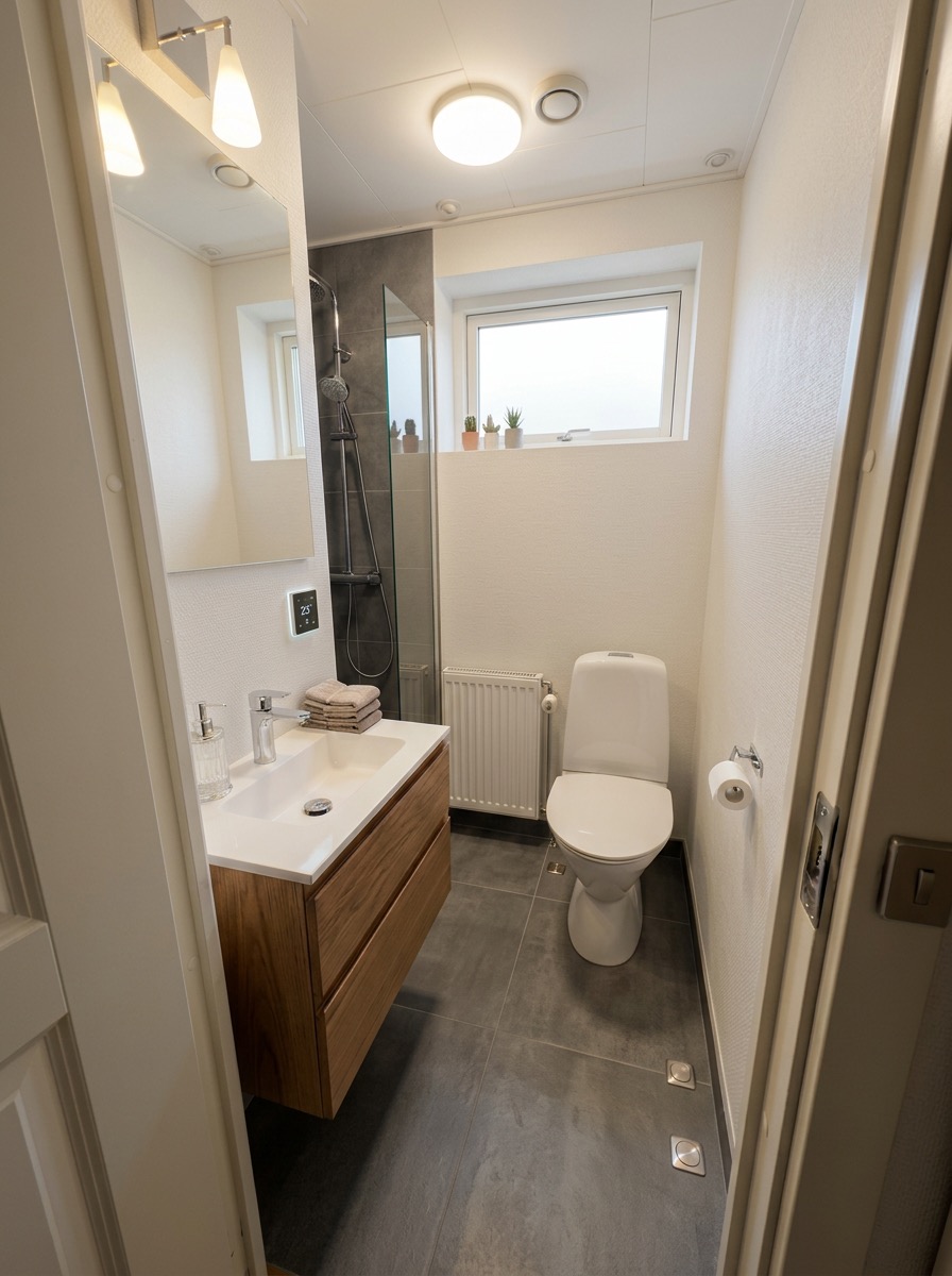 Bathroom remodel idea featuring herringbone floor and updated hardware