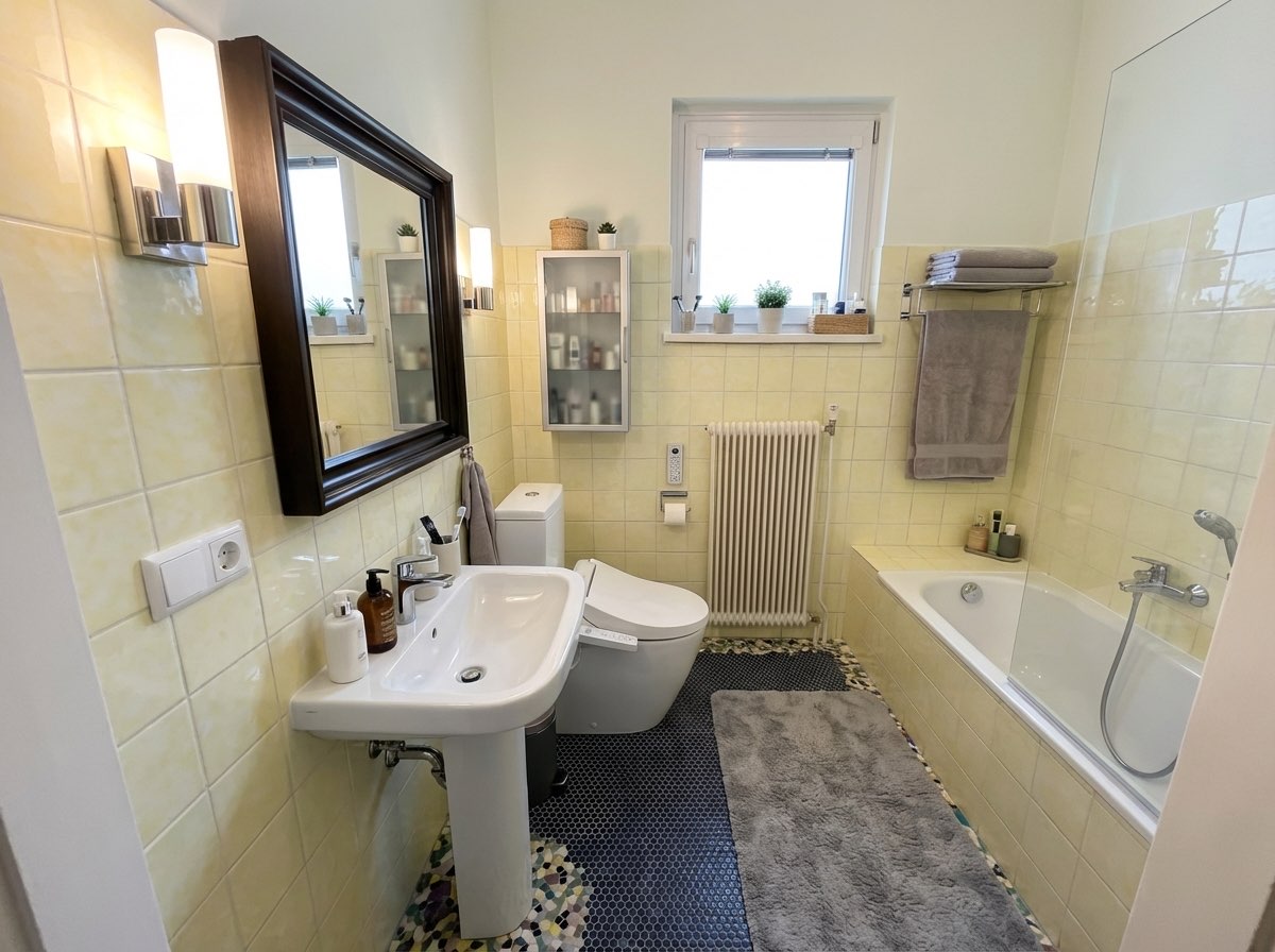 Cozy bathroom makeover with warm wood tones and modern fixtures - AI generated