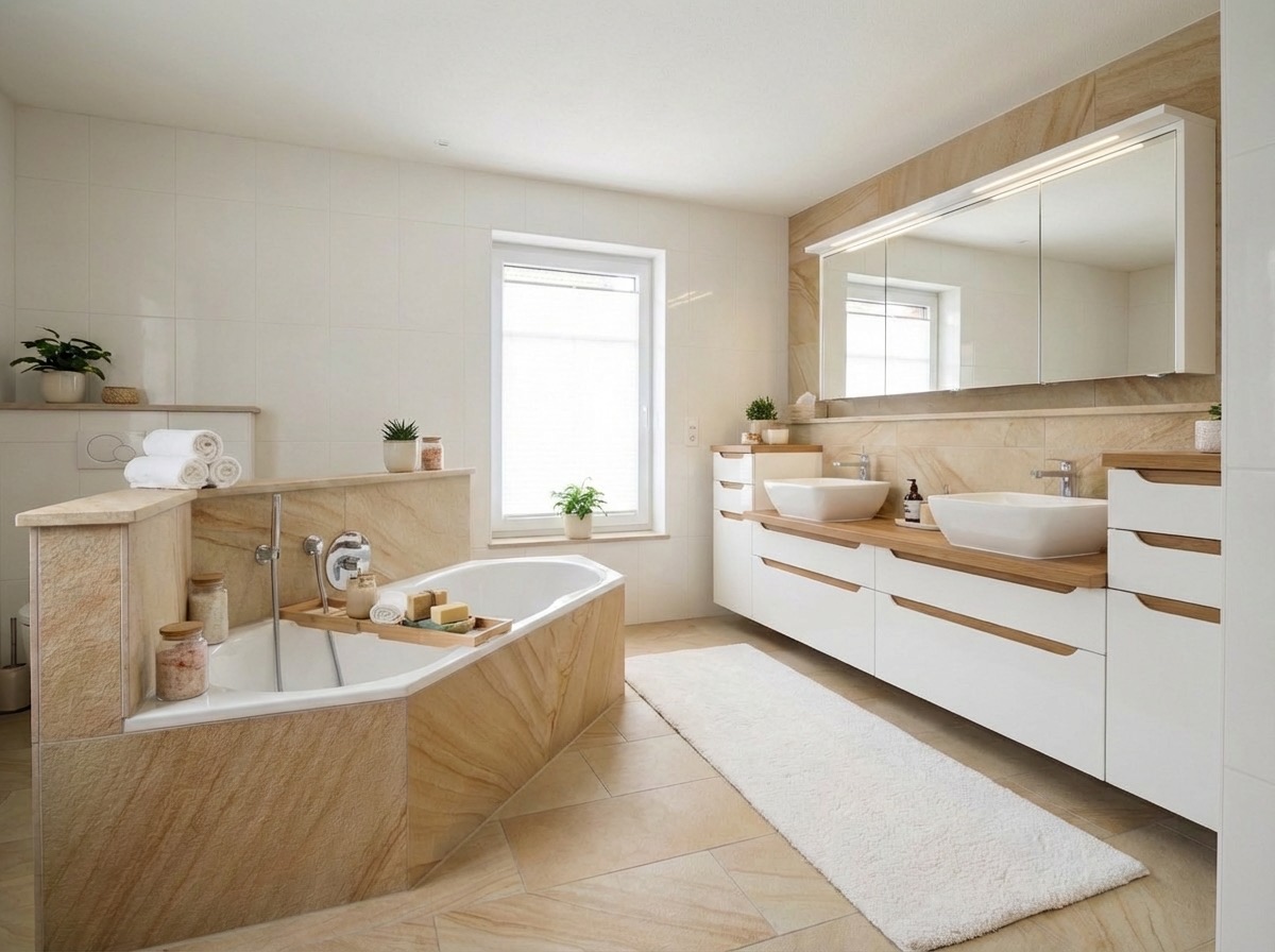Spacious bathroom transformation with curbless shower and bench seating