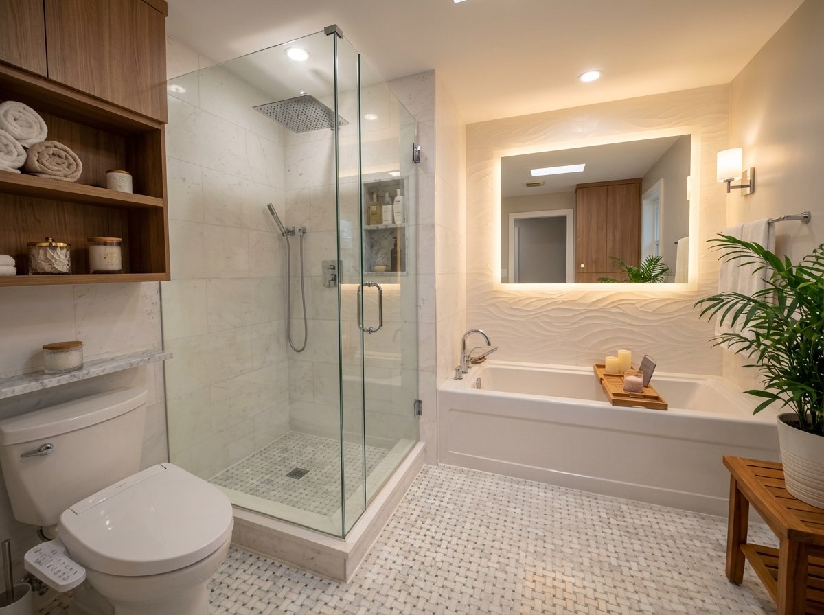 Farmhouse bathroom renovation with vessel sink and barn door - AI redesign