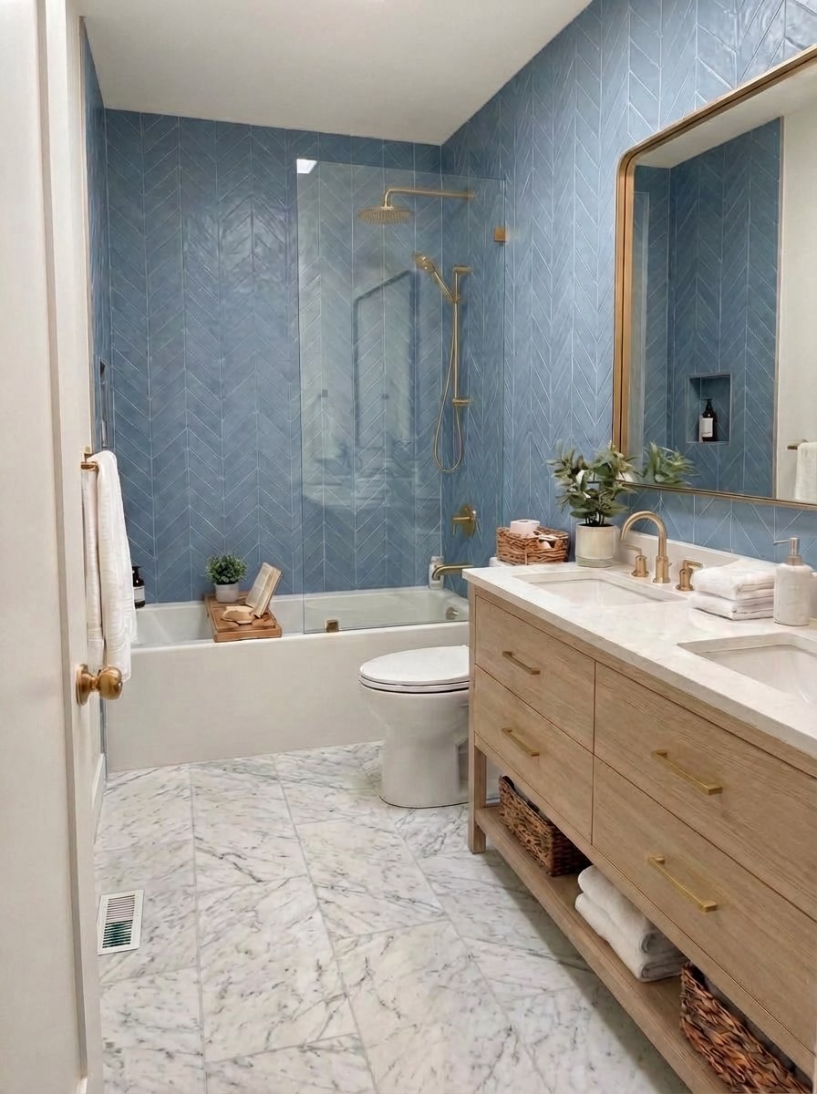 Complete bathroom redesign with freestanding tub and new vanity - AI remodel