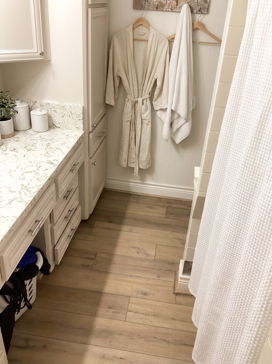 Open-concept bathroom transformation with double vanity - AI design tool