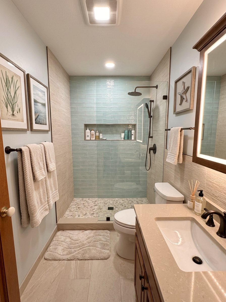 Transitional bathroom renovation with shaker cabinets and quartz counters