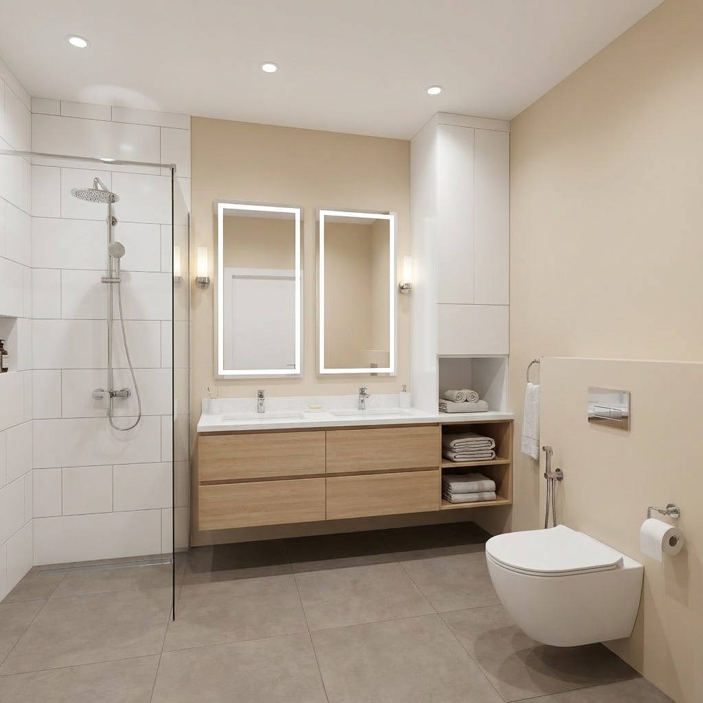Bathroom remodel idea featuring herringbone floor and updated hardware
