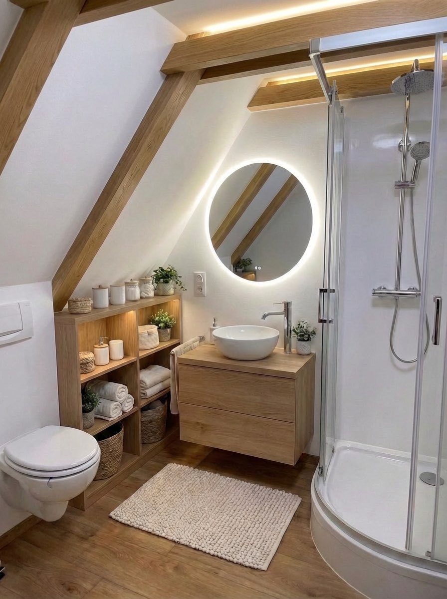 Cozy bathroom makeover with warm wood tones and modern fixtures - AI generated