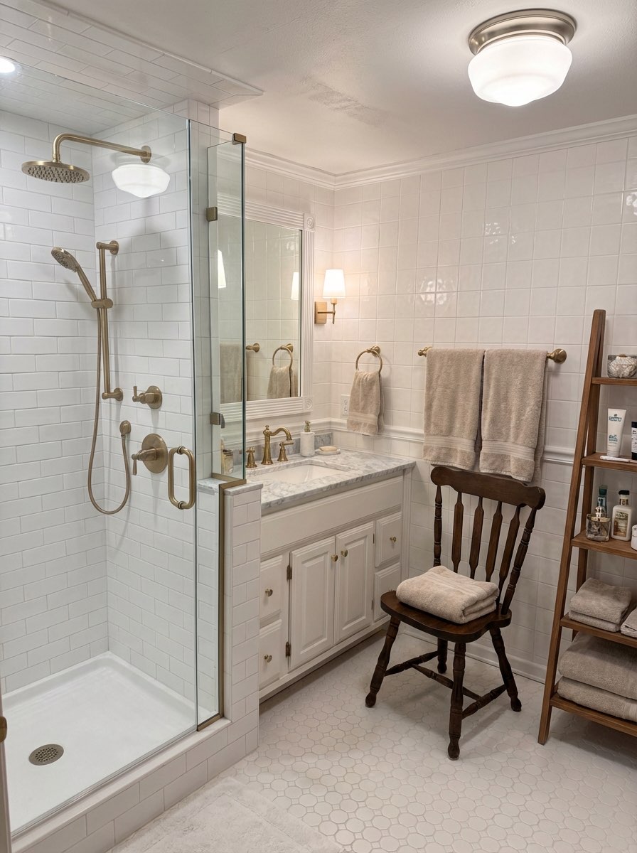 Spacious bathroom transformation with curbless shower and bench seating