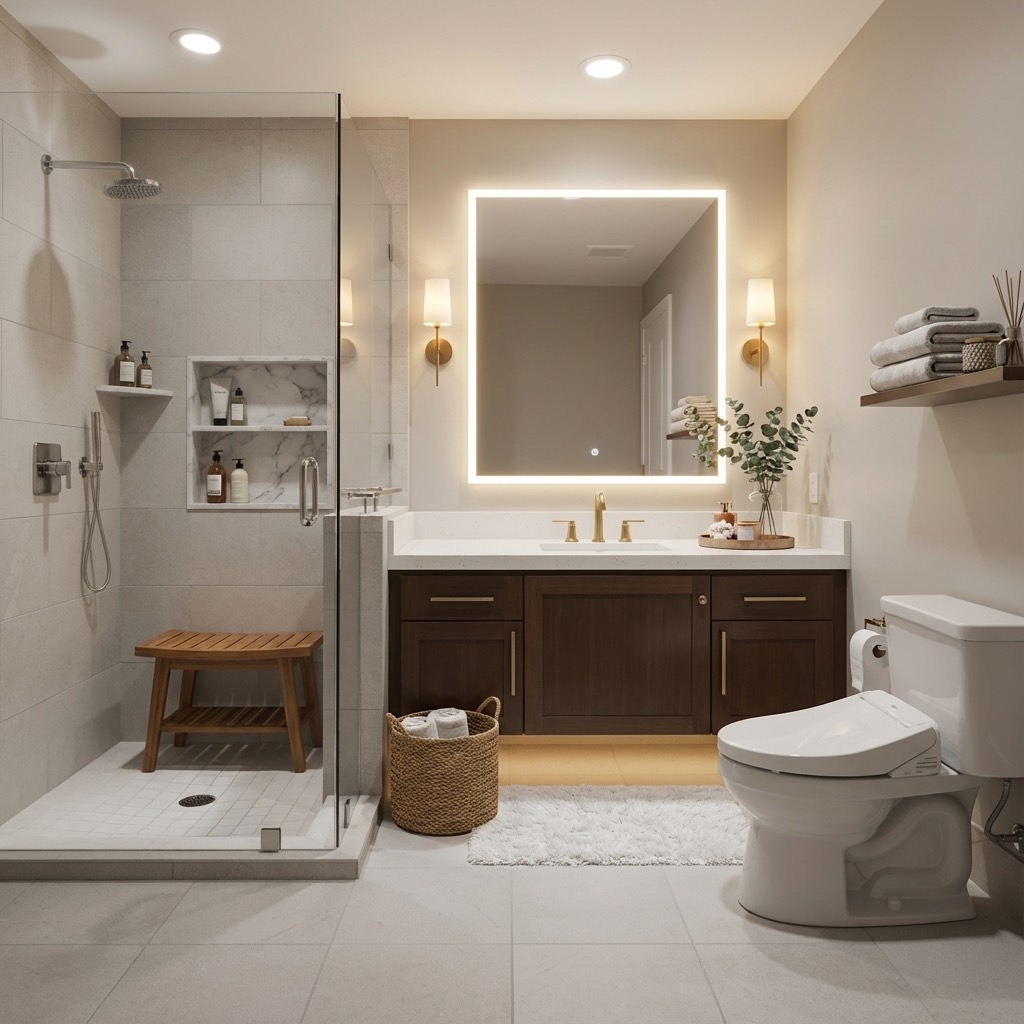 Farmhouse bathroom renovation with vessel sink and barn door - AI redesign