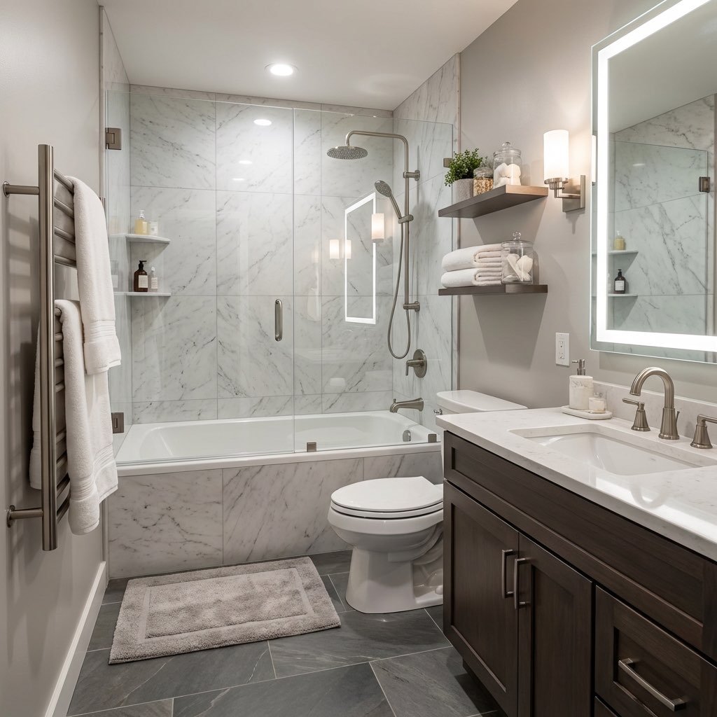 Contemporary bathroom renovation with glass shower enclosure - AI design