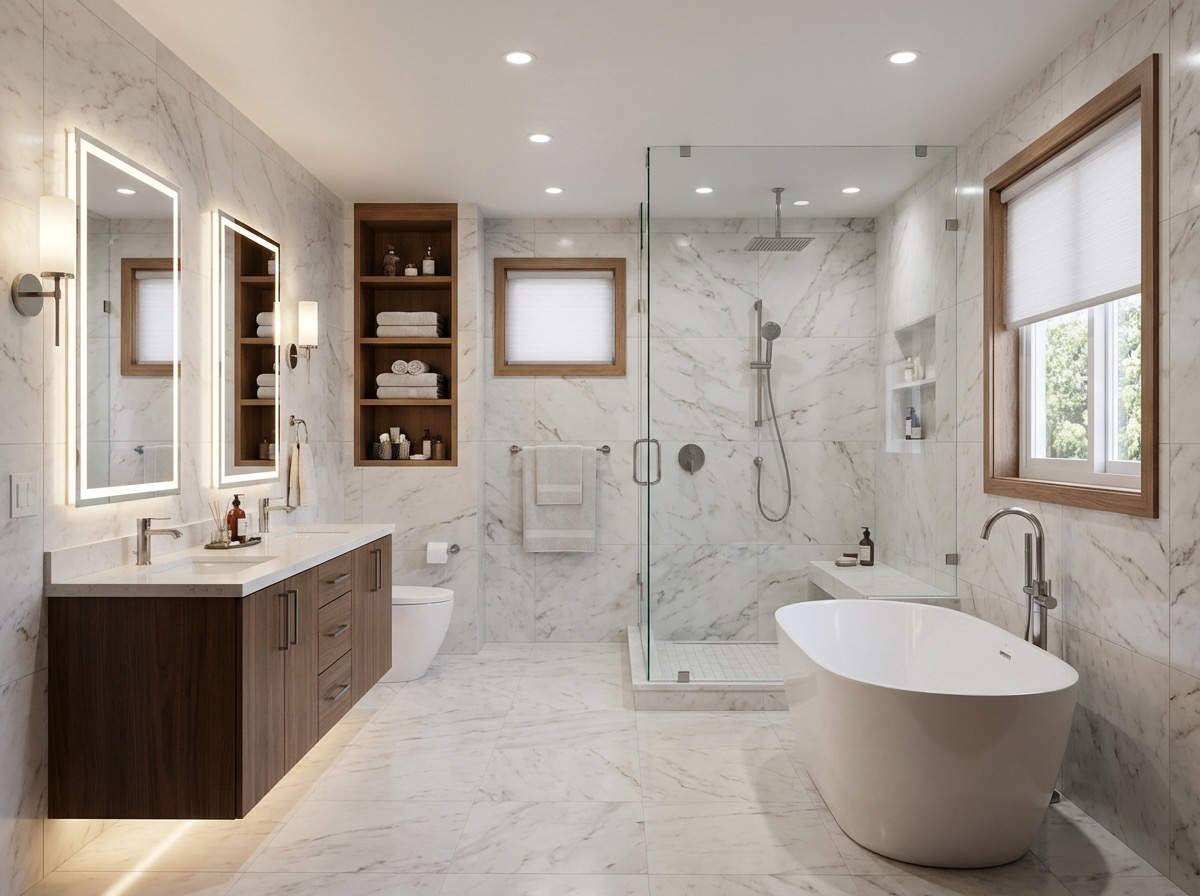 Full bathroom remodel with walk-in shower and new flooring - AI generated