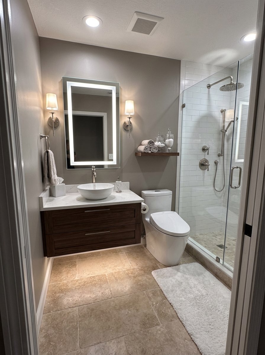 Before and after bathroom renovation with upgraded countertops - AI tool