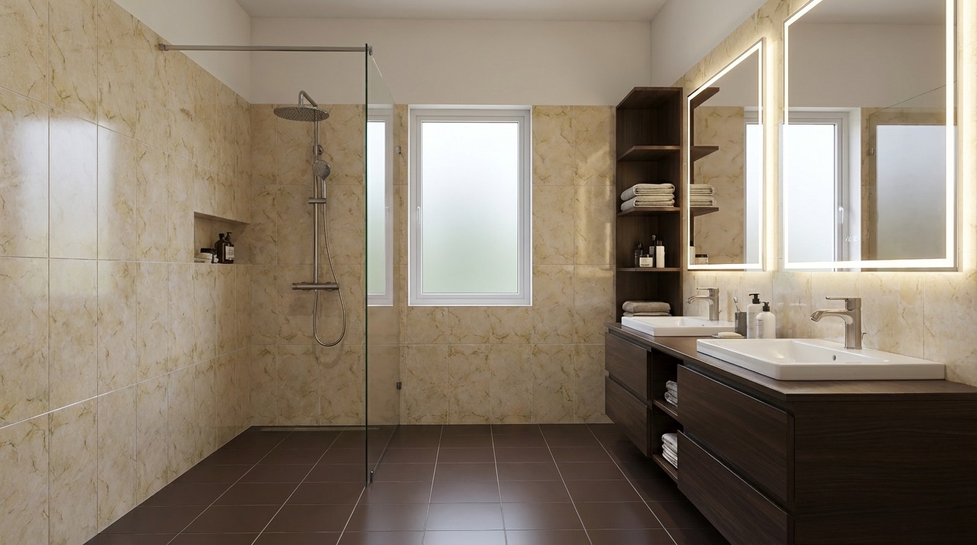Elegant bathroom transformation with frameless glass and stone accents