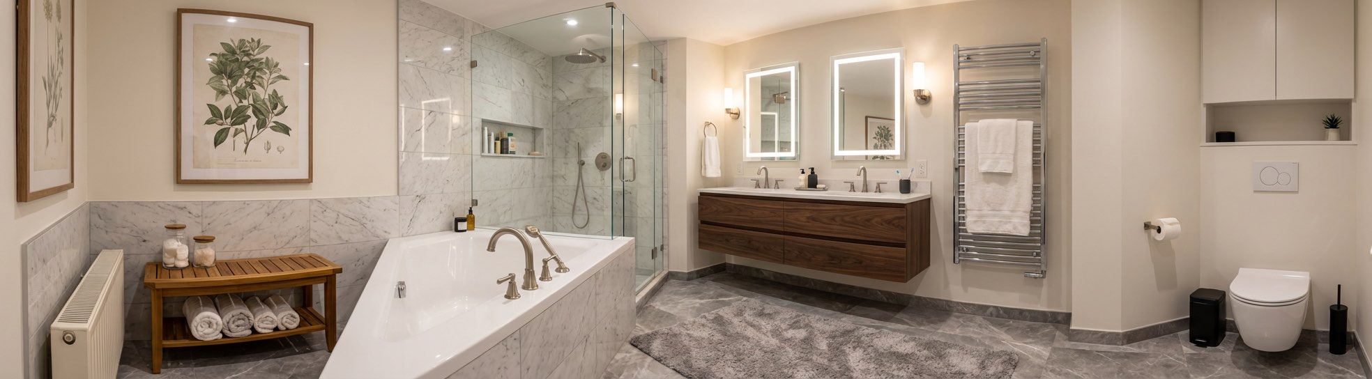 Bathroom remodel idea featuring herringbone floor and updated hardware