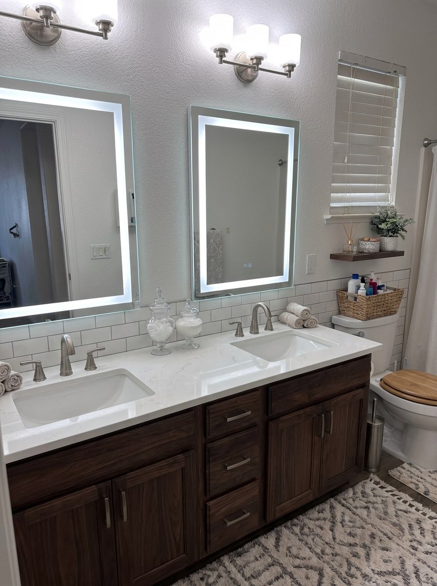 Cozy bathroom makeover with warm wood tones and modern fixtures - AI generated