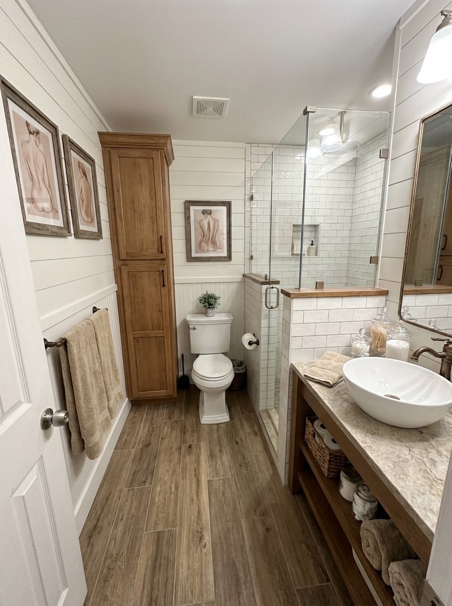 Contemporary bathroom renovation with glass shower enclosure - AI design