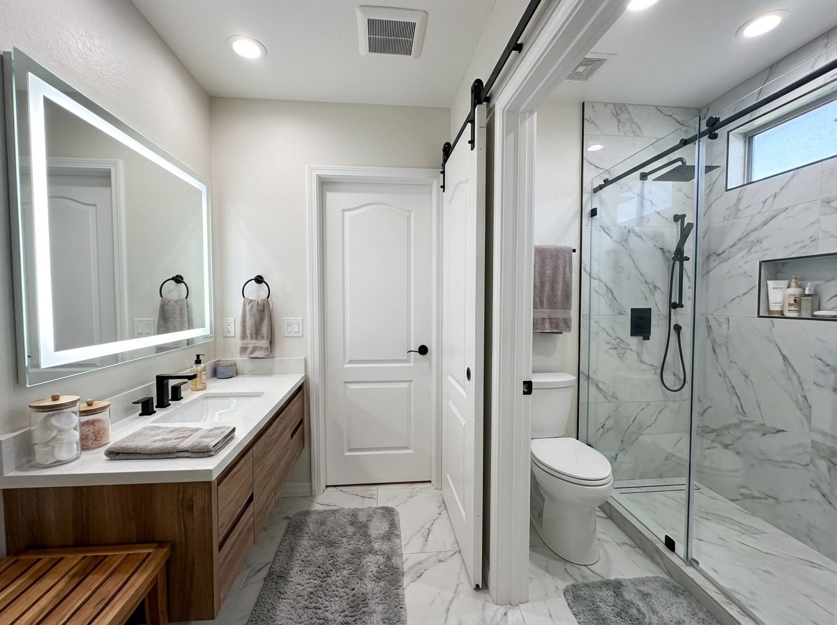 Full bathroom remodel with walk-in shower and new flooring - AI generated