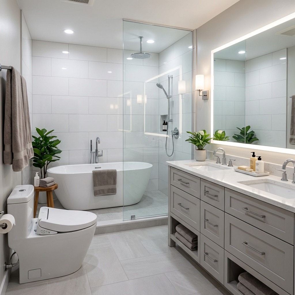Bathroom transformation featuring modern lighting and clean lines