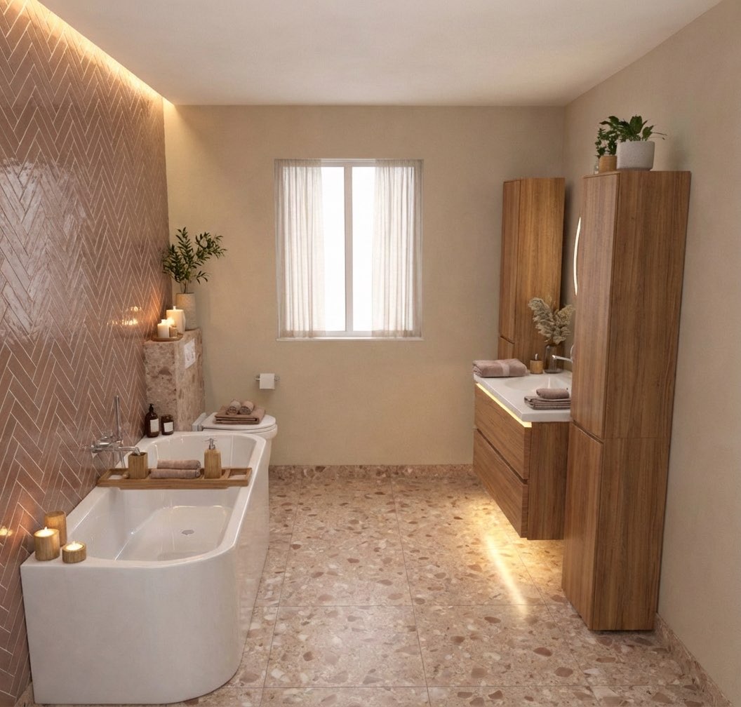 Elegant bathroom transformation with frameless glass and stone accents