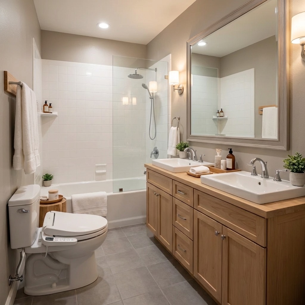 Open-concept bathroom transformation with double vanity - AI design tool