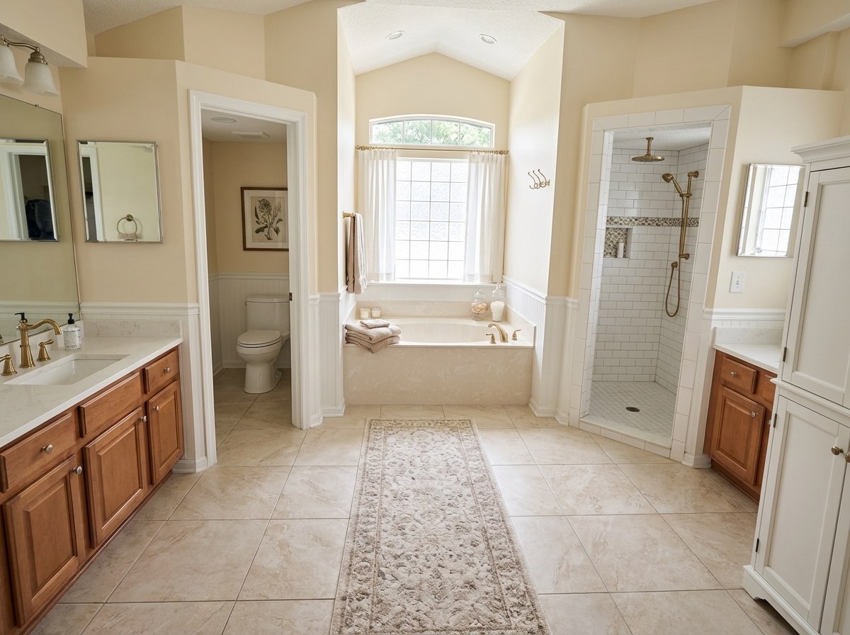 Cozy bathroom makeover with warm wood tones and modern fixtures - AI generated