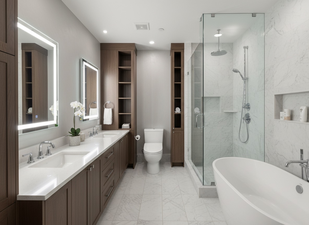 Spacious bathroom transformation with curbless shower and bench seating