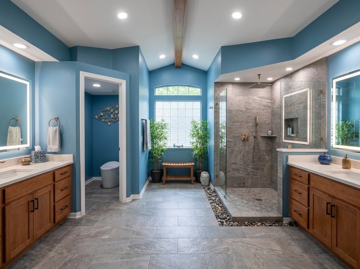 Full bathroom remodel with walk-in shower and new flooring - AI generated