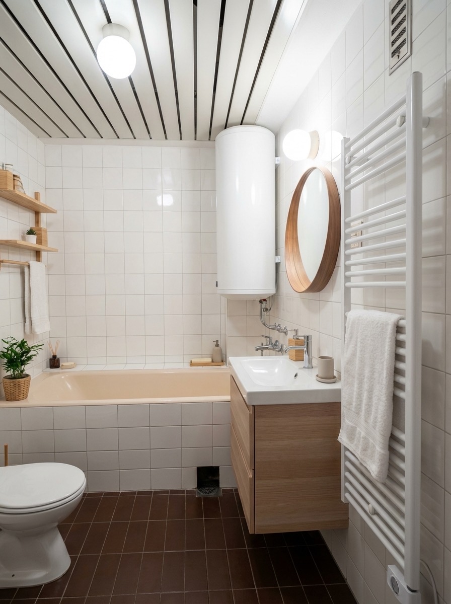 Bathroom transformation featuring modern lighting and clean lines