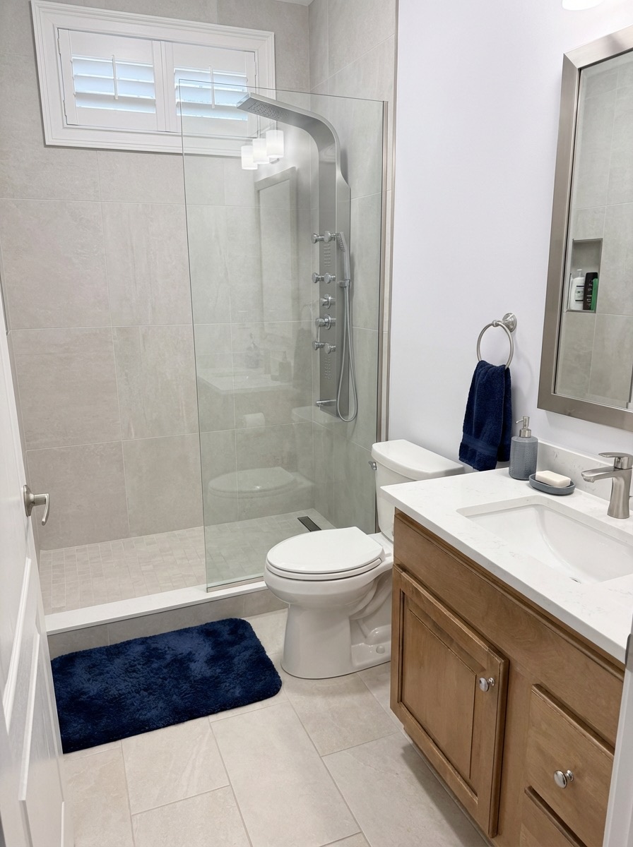Elegant bathroom transformation with frameless glass and stone accents