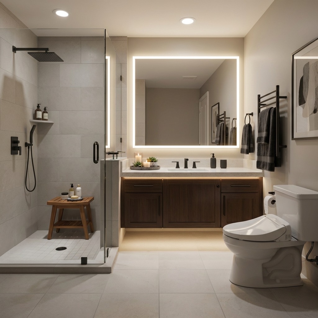 Complete bathroom redesign with freestanding tub and new vanity - AI remodel