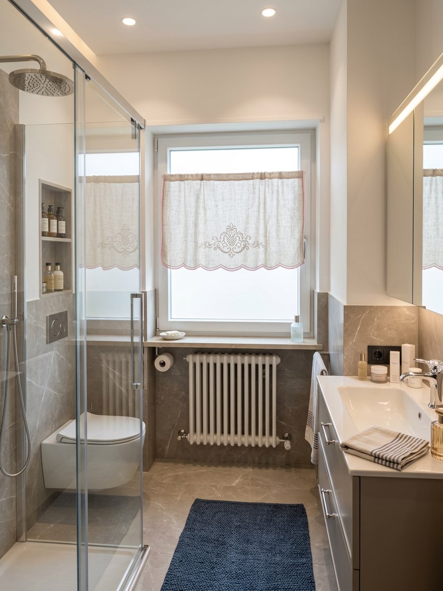 Transitional bathroom renovation with shaker cabinets and quartz counters