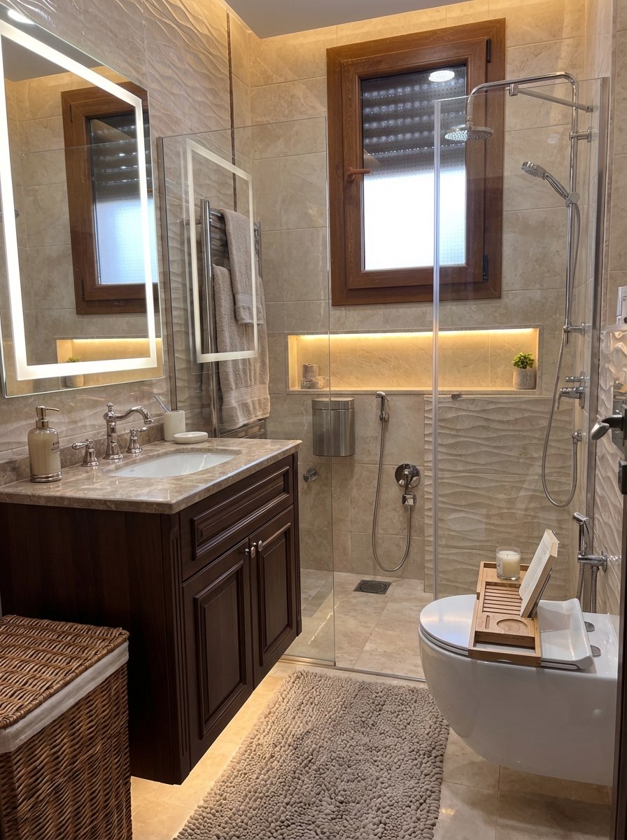Bathroom remodel idea featuring herringbone floor and updated hardware