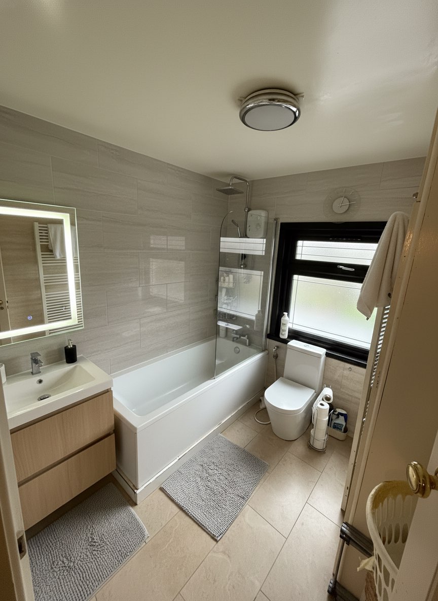 Cozy bathroom makeover with warm wood tones and modern fixtures - AI generated