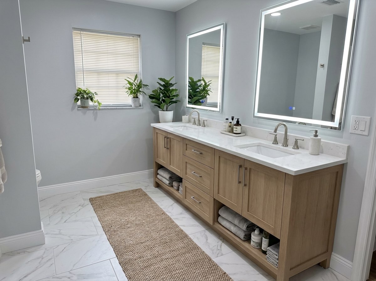Farmhouse bathroom renovation with vessel sink and barn door - AI redesign