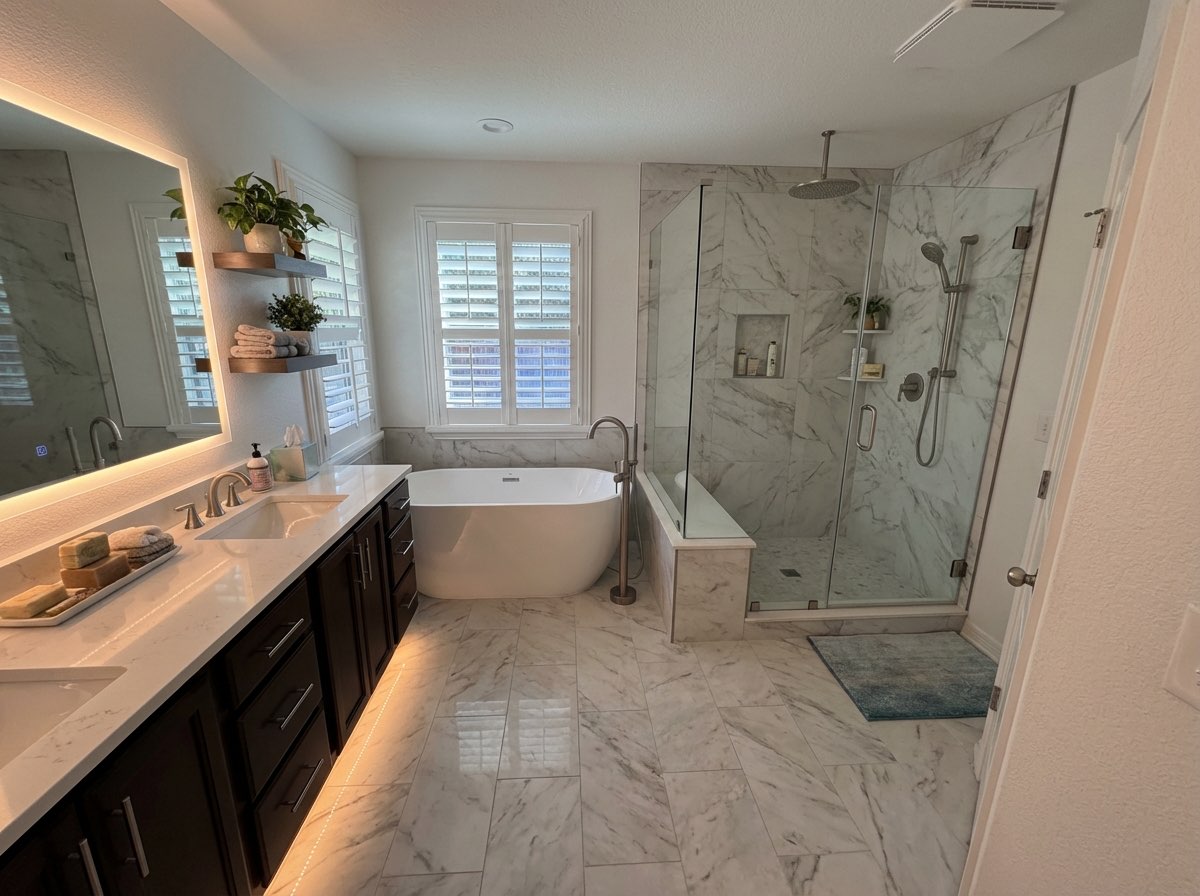 Contemporary bathroom renovation with glass shower enclosure - AI design