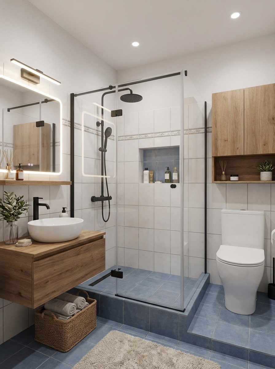 Bathroom transformation featuring modern lighting and clean lines