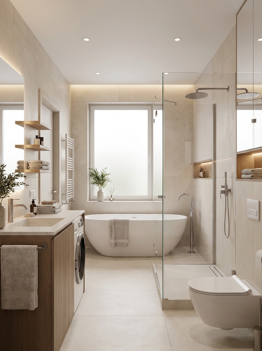 Complete bathroom redesign with freestanding tub and new vanity - AI remodel