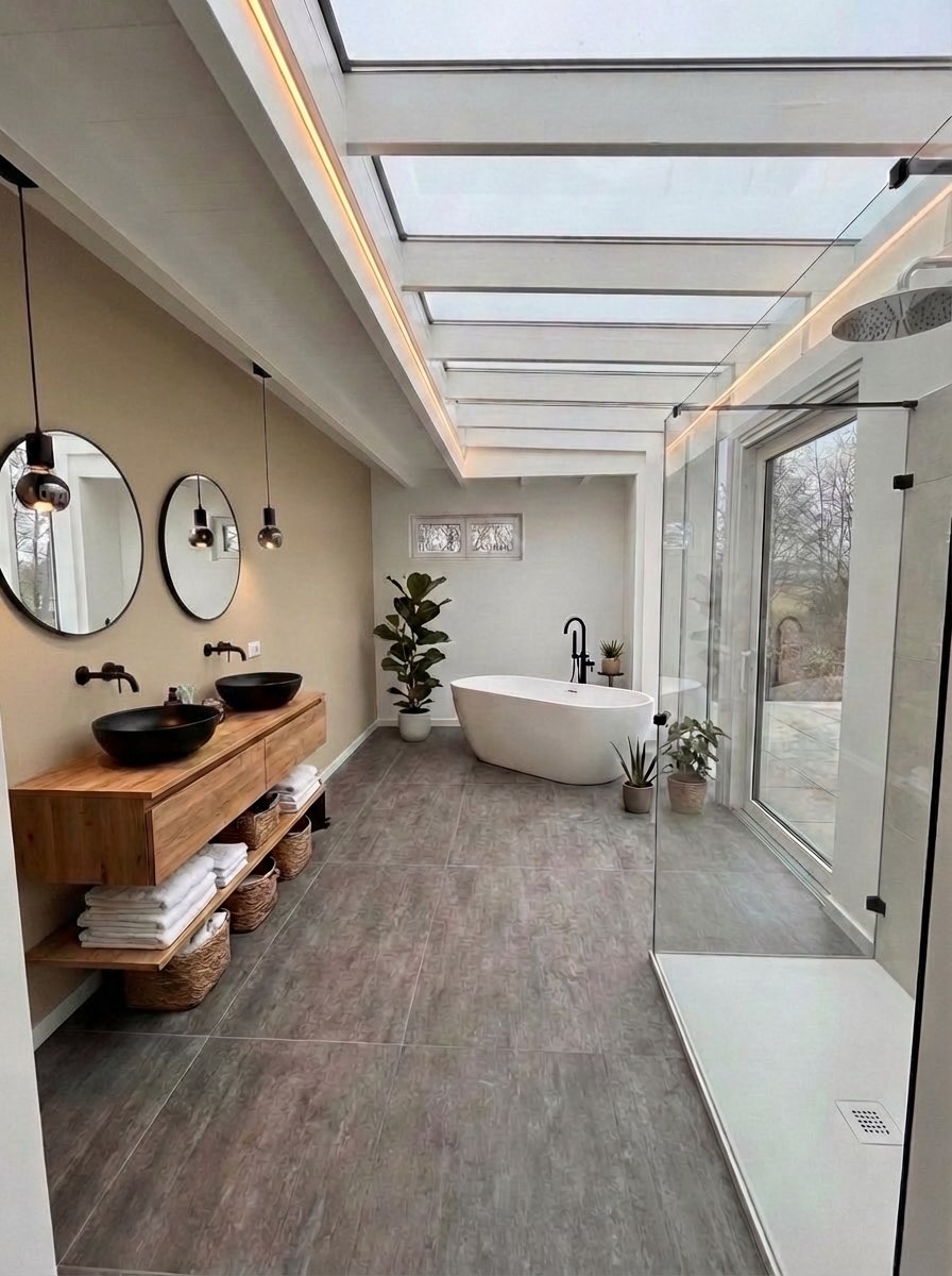 Open-concept bathroom transformation with double vanity - AI design tool