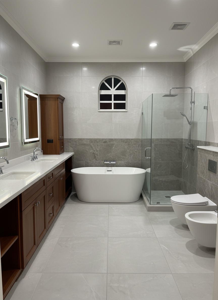 Transitional bathroom renovation with shaker cabinets and quartz counters