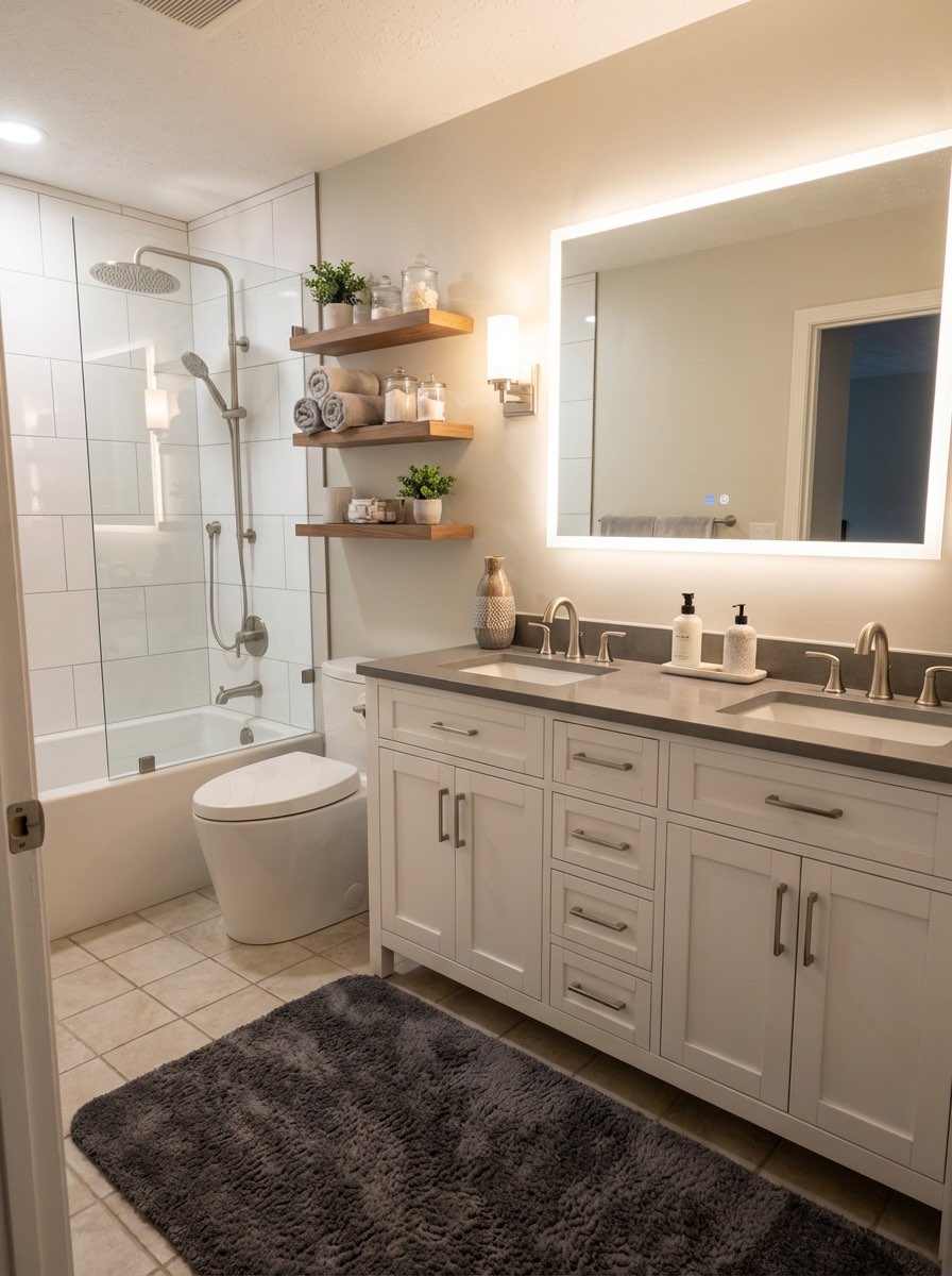 Cozy bathroom makeover with warm wood tones and modern fixtures - AI generated