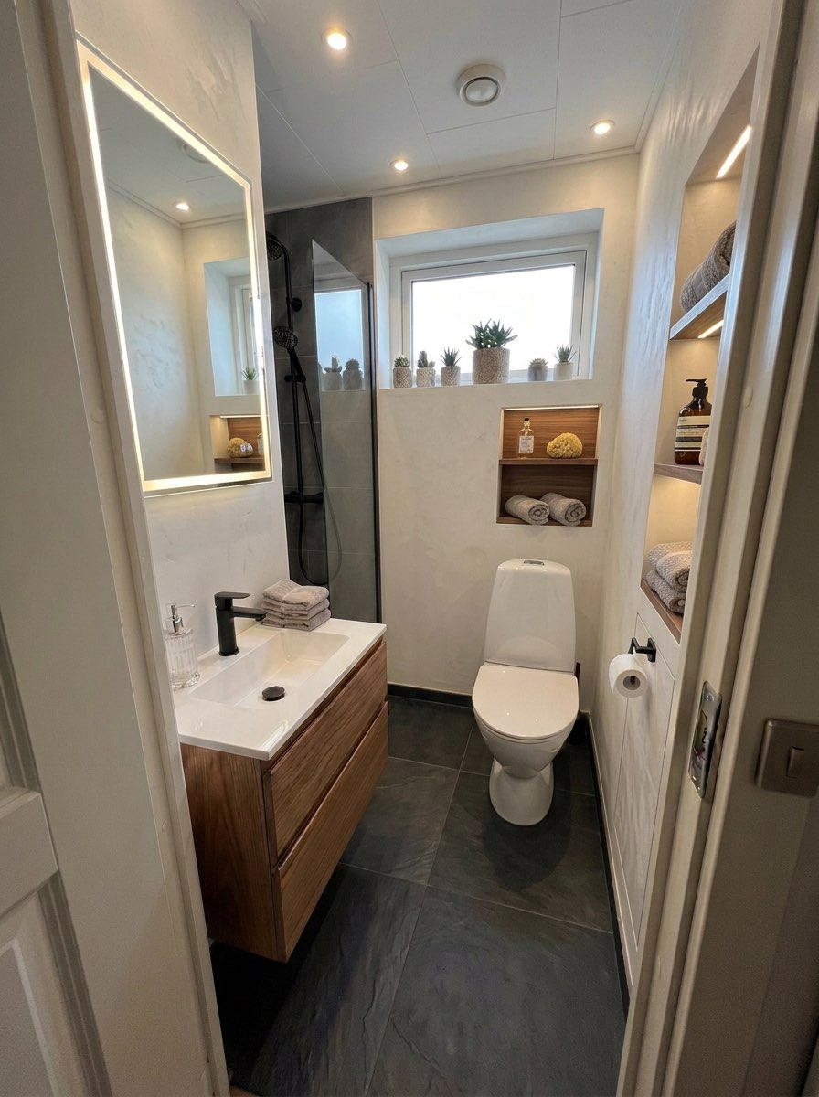 Spacious bathroom transformation with curbless shower and bench seating