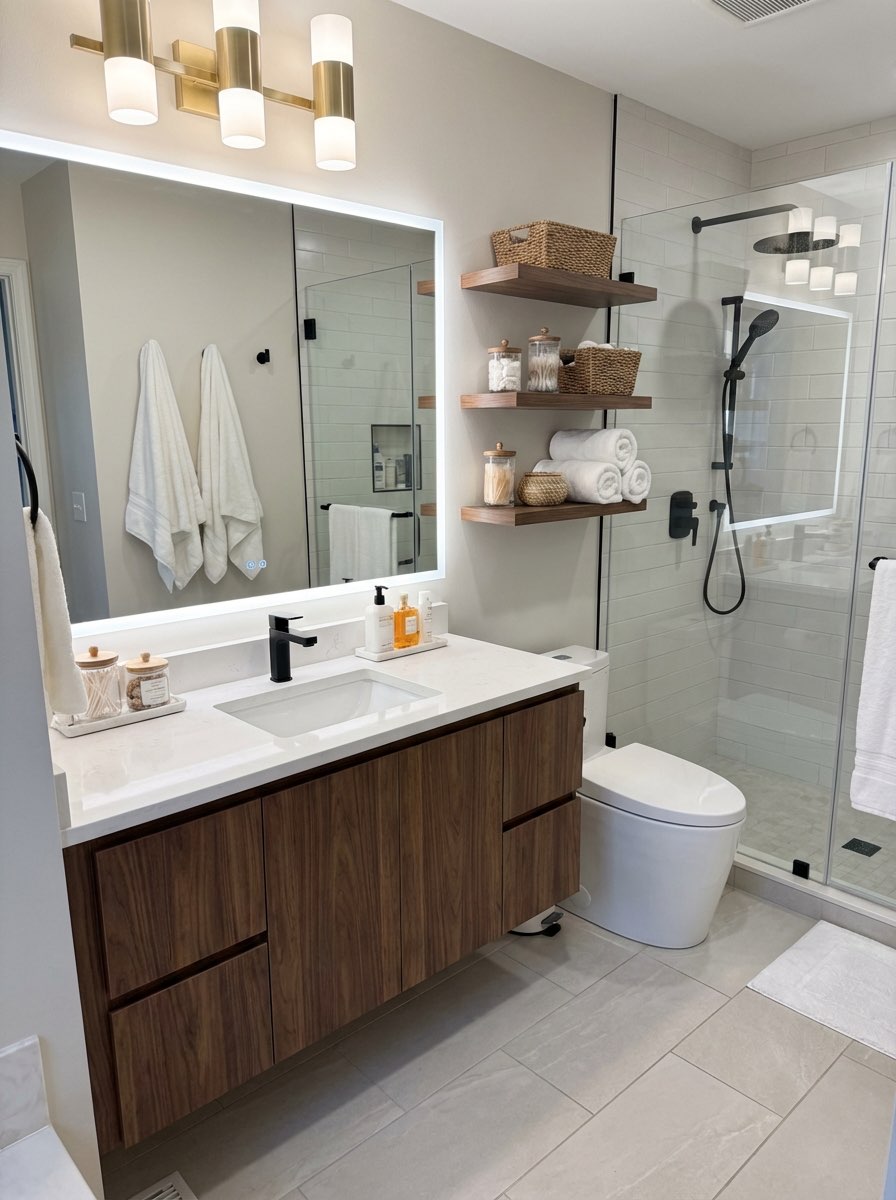 Modern bathroom transformation with new tile and vanity - AI bathroom remodel