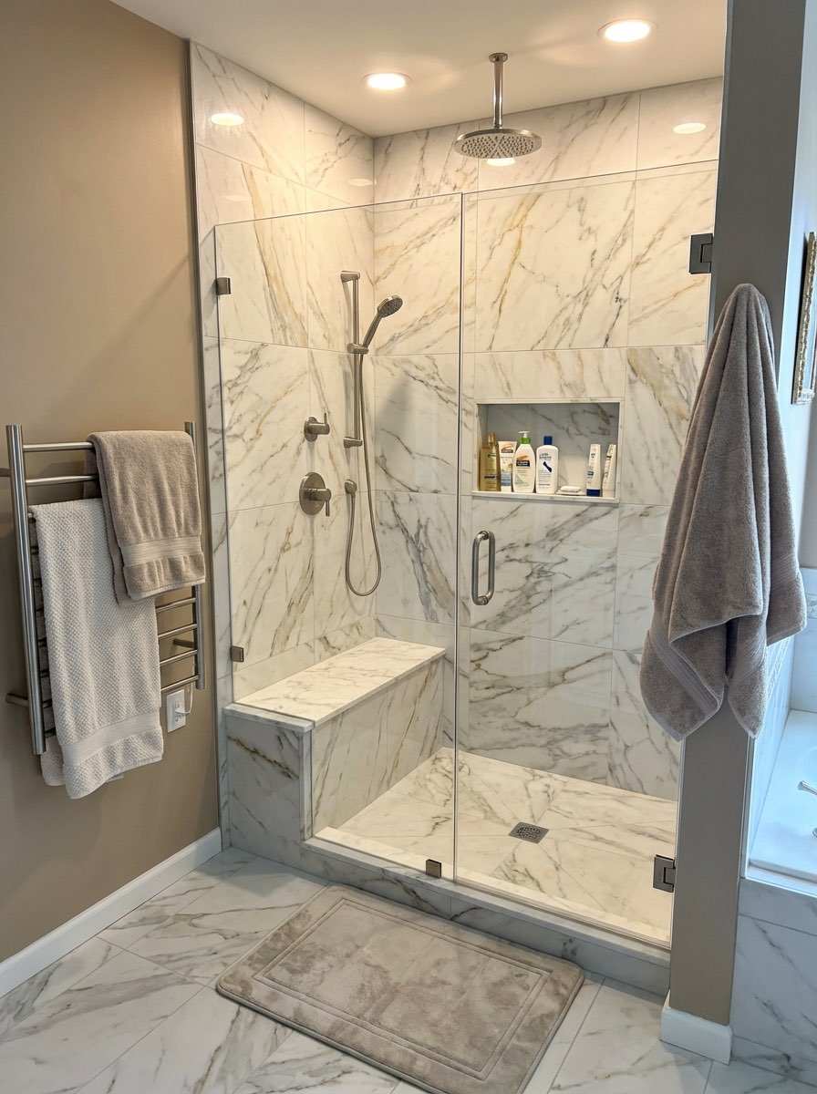 Full bathroom remodel with walk-in shower and new flooring - AI generated
