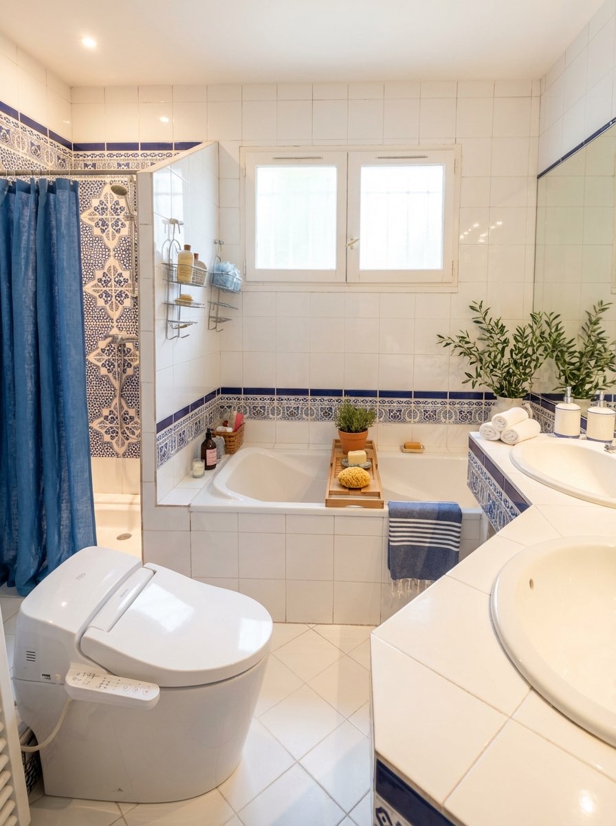 Bathroom transformation featuring modern lighting and clean lines