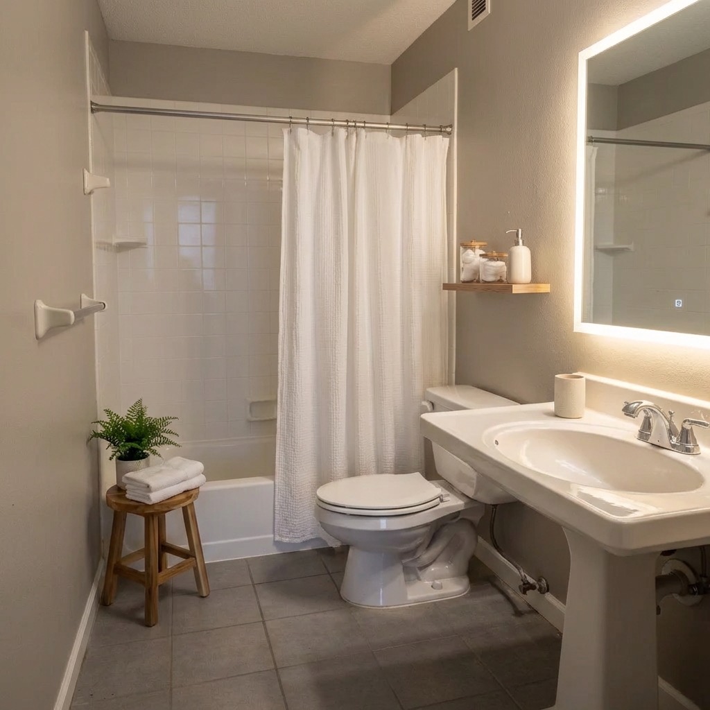 Bright bathroom makeover with white subway tile and chrome fixtures
