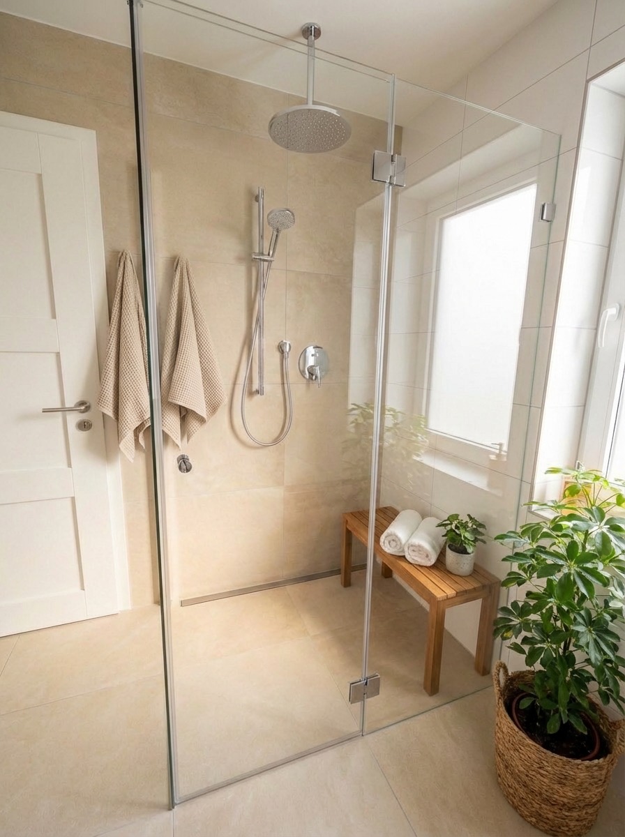 Elegant bathroom transformation with frameless glass and stone accents