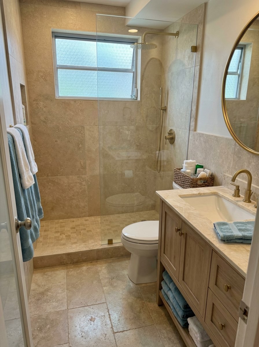 Complete bathroom redesign with freestanding tub and new vanity - AI remodel